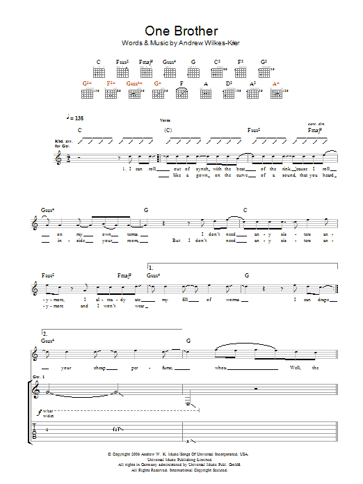 Andrew WK One Brother sheet music notes and chords. Download Printable PDF.