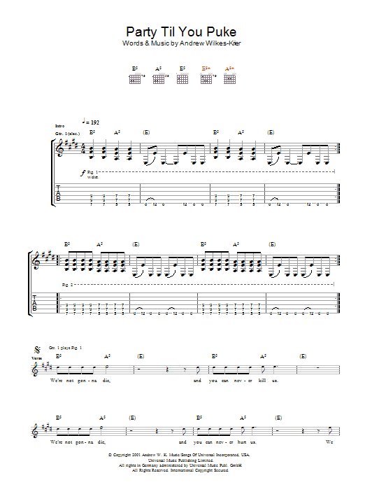Learn to play Andrew WK Party Til You Puke sheet music for Guitar Tab in minutes. Price: 7.8900$ Andrew WK Party Til You Puke sheet music notes and chords arranged for Guitar Tab