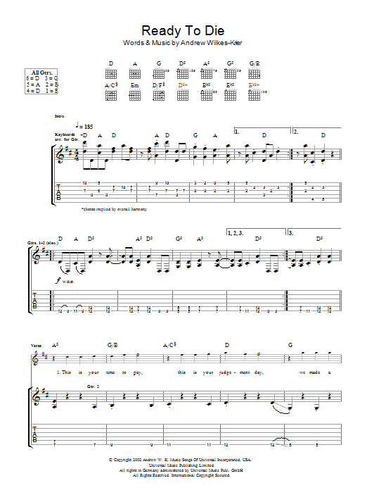 Andrew WK Ready To Die sheet music notes and chords. Download Printable PDF.