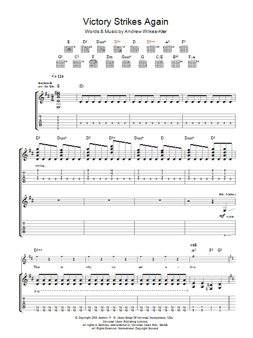 Learn to play Andrew WK Victory Strikes Again sheet music for Guitar Tab in minutes. Andrew WK Victory Strikes Again sheet music notes and chords. Download Printable PDF.