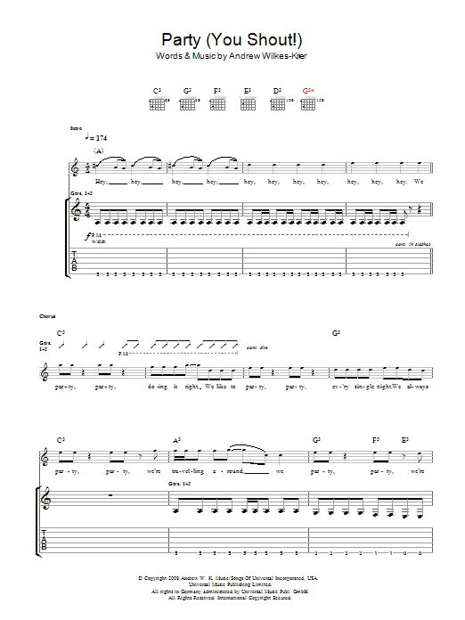 Learn to play Andrew WK We Party (You Shout) sheet music for Guitar Tab in minutes. Price: 7.8900$ Andrew WK We Party (You Shout) sheet music notes and chords arranged for Guitar Tab