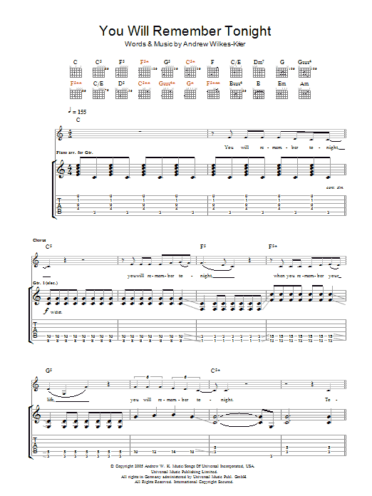 Learn to play Andrew WK You Will Remember Tonight sheet music for Guitar Tab in minutes. Price: 7.8900$ Andrew WK You Will Remember Tonight sheet music notes and chords arranged for Guitar Tab