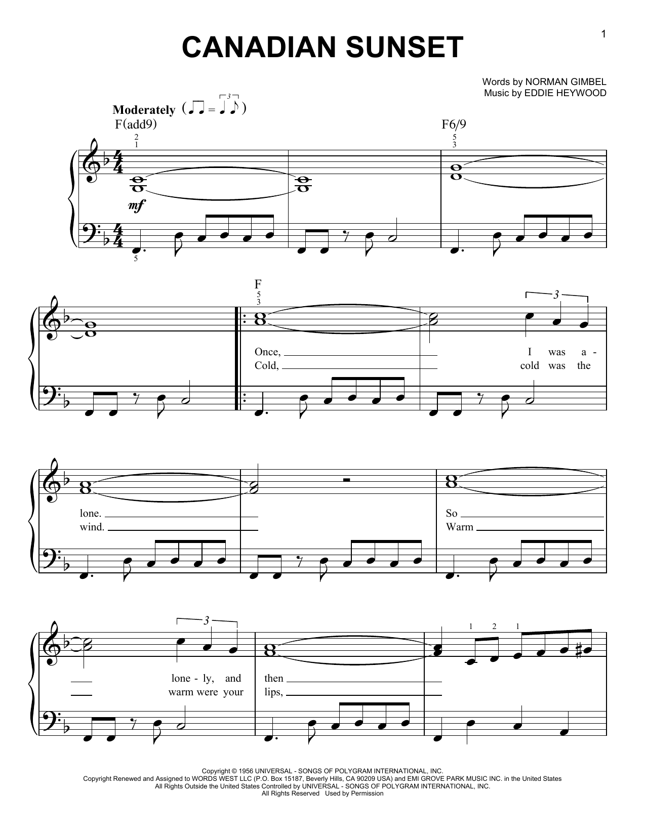 Andy Williams Canadian Sunset sheet music notes and chords. Download Printable PDF.