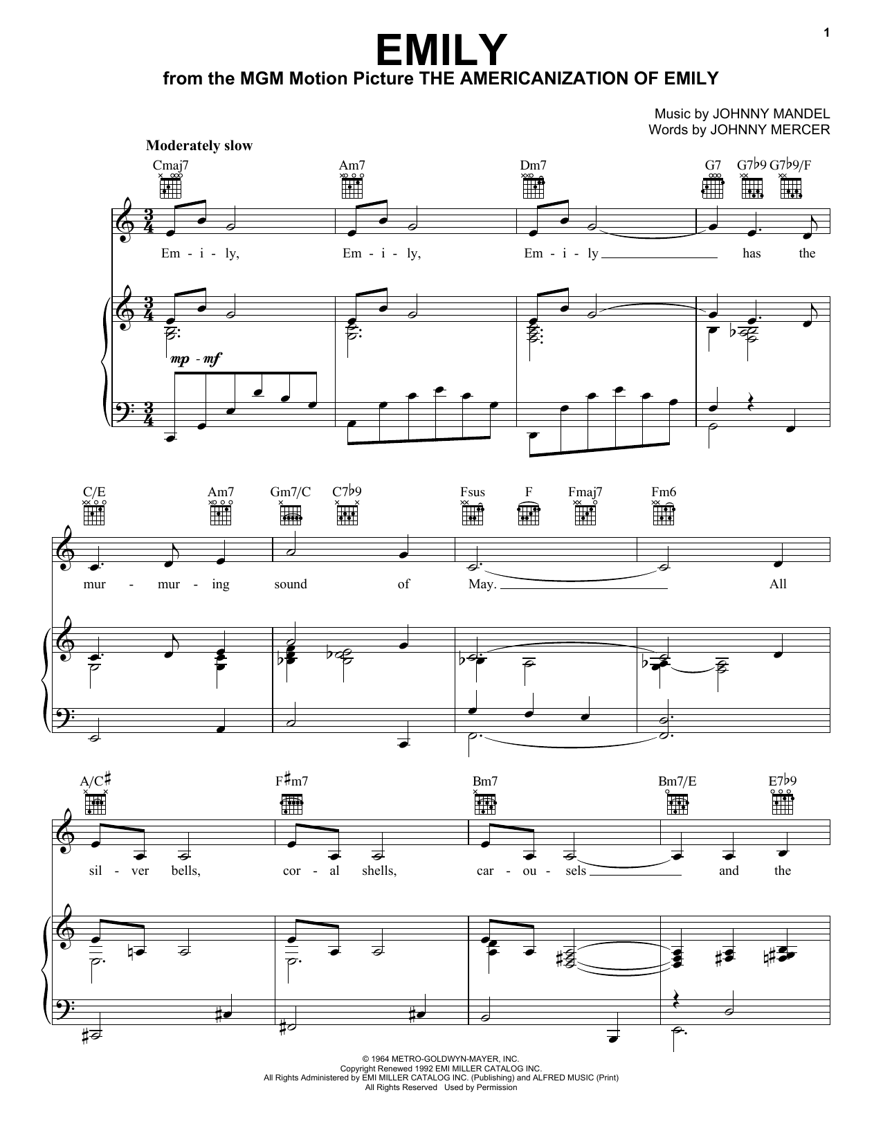 Andy Williams Emily sheet music notes and chords. Download Printable PDF.