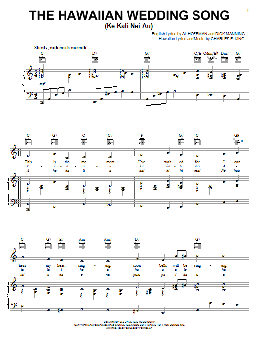 Learn to play Andy Williams The Hawaiian Wedding Song (Ke Kali Nei Au) sheet music for Piano, Vocal & Guitar (Right-Hand Melody) in minutes. Andy Williams The Hawaiian Wedding Song (Ke Kali Nei Au) sheet music notes and chords. Download Printable PDF.