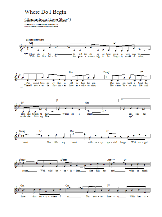 Francis Lai Where Do I Begin (theme from Love Story) sheet music notes and chords. Download Printable PDF.