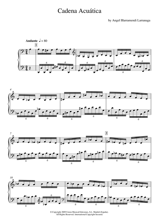 Learn to play Angel Illarramendi Larranaga Cadena Acuática sheet music for Piano Solo in minutes. Angel Illarramendi Larranaga Cadena Acuática sheet music notes and chords. Download Printable PDF.