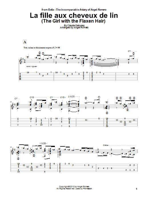 Learn to play Angel Romero La Fille Aux Cheveux De Lin (The Girl With The Flaxen Hair) sheet music for Solo Guitar Tab in minutes. Angel Romero La Fille Aux Cheveux De Lin (The Girl With The Flaxen Hair) sheet music notes and chords. Download Printable PDF.