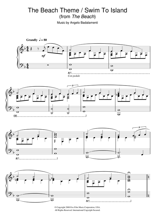 Learn to play Angelo Badalamenti The Beach (The Beach Theme/Swim To Island) sheet music for Piano Solo in minutes. Angelo Badalamenti The Beach (The Beach Theme/Swim To Island) sheet music notes and chords. Download Printable PDF.