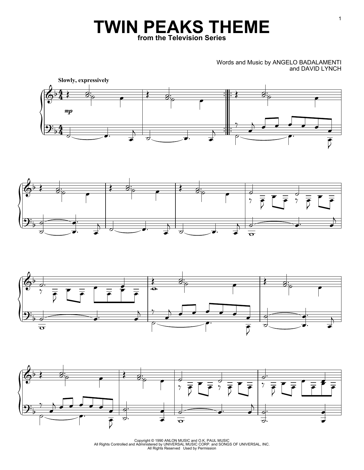 Angelo Badalamenti Twin Peaks Theme sheet music notes and chords. Download Printable PDF.