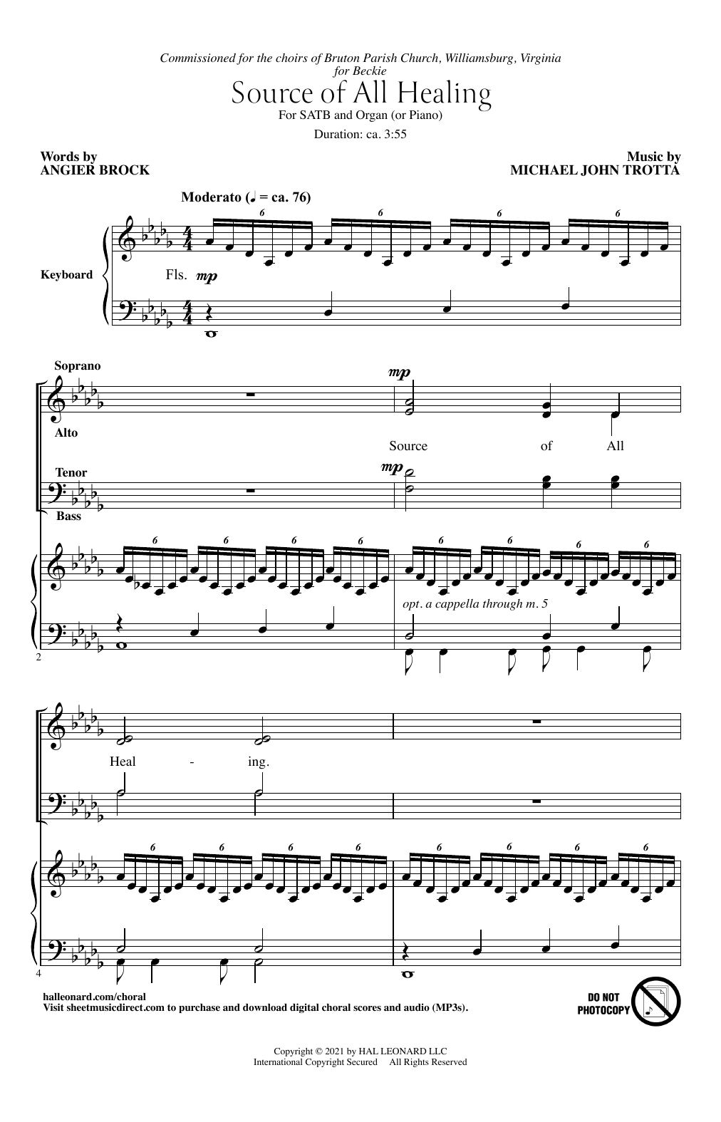 Learn to play Angier Brock and Michael John Trotta Source Of All Healing sheet music for SATB Choir in minutes. Price: 3.9900$ Angier Brock and Michael John Trotta Source Of All Healing sheet music notes and chords arranged for SATB Choir
