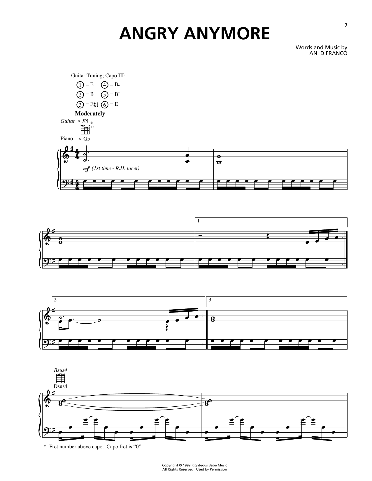 Ani DiFranco Angry Anymore sheet music notes and chords. Download Printable PDF.