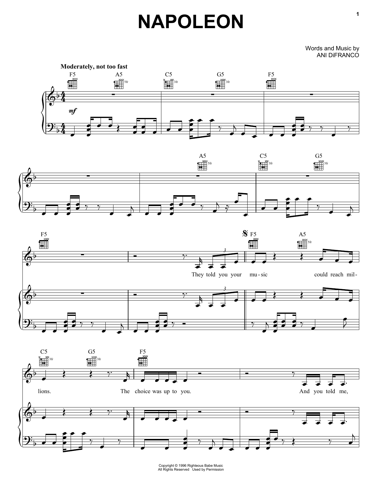 Ani DiFranco Napoleon sheet music notes and chords. Download Printable PDF.