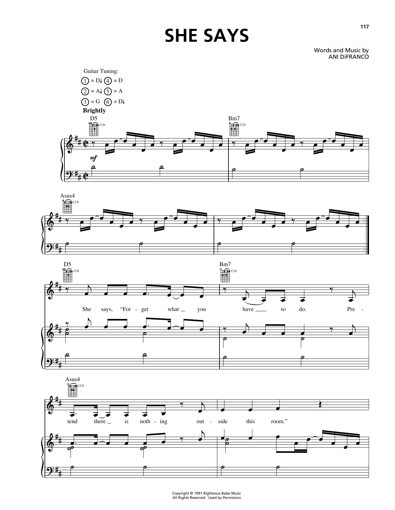 Ani DiFranco She Says sheet music notes and chords. Download Printable PDF.