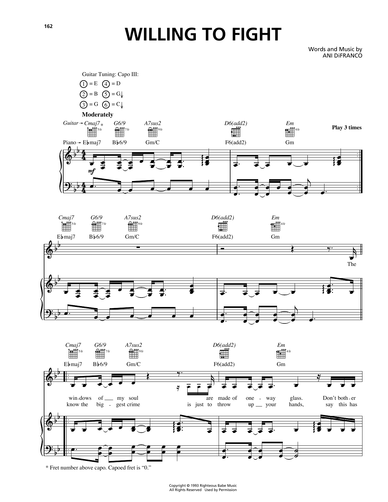 Ani DiFranco Willing To Fight sheet music notes and chords. Download Printable PDF.