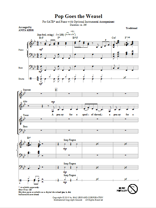 Traditional Pop Goes The Weasel (arr. Anita Kerr) sheet music notes and chords arranged for SATB Choir