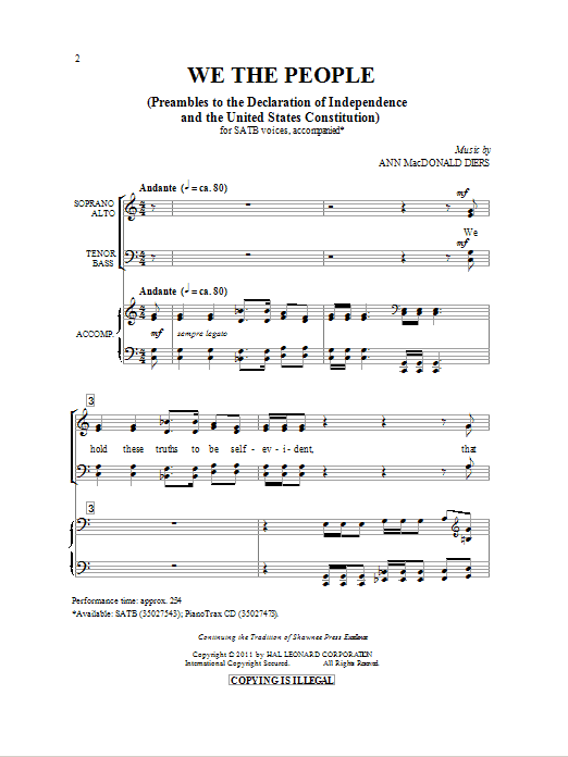 Learn to play Ann Macdonald Diers We The People sheet music for SATB Choir in minutes. Price: 3.9900$ Ann Macdonald Diers We The People sheet music notes and chords arranged for SATB Choir