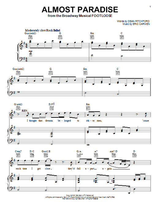 Ann Wilson & Mike Reno Almost Paradise (from Footloose) sheet music notes and chords. Download Printable PDF.