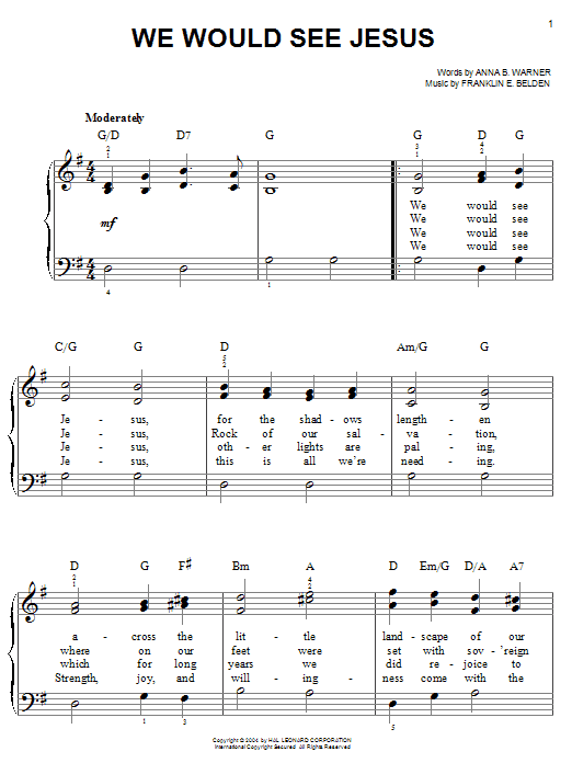 Anna B. Warner We Would See Jesus sheet music notes and chords. Download Printable PDF.