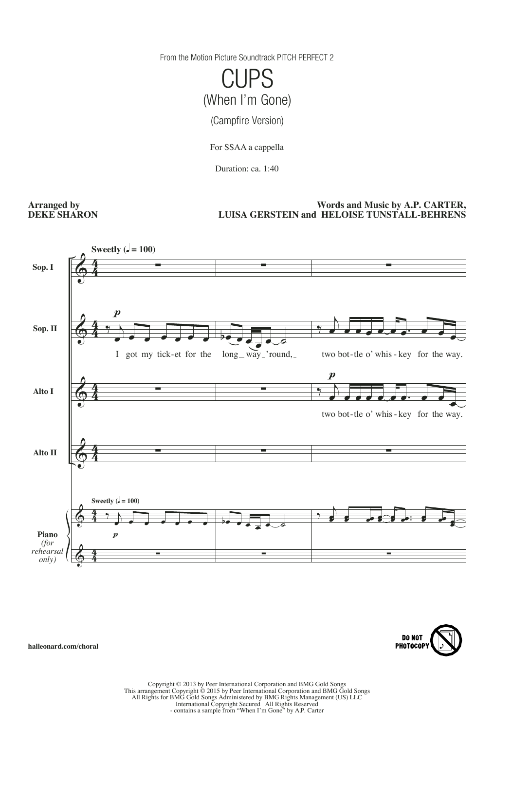 Anna Kendrick Cups (When I'm Gone) (Campfire Version) (from Pitch Perfect 2) (arr. Deke Sharon) sheet music notes and chords - Download Printable PDF and start playing in minutes.