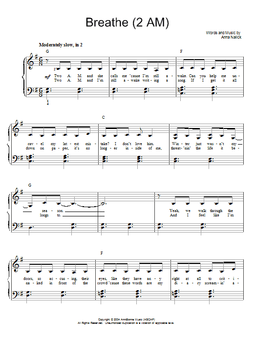 Learn to play Anna Nalick Breathe (2 AM) sheet music for Easy Piano in minutes. Price: 6.9900$ Anna Nalick Breathe (2 AM) sheet music notes and chords arranged for Easy Piano