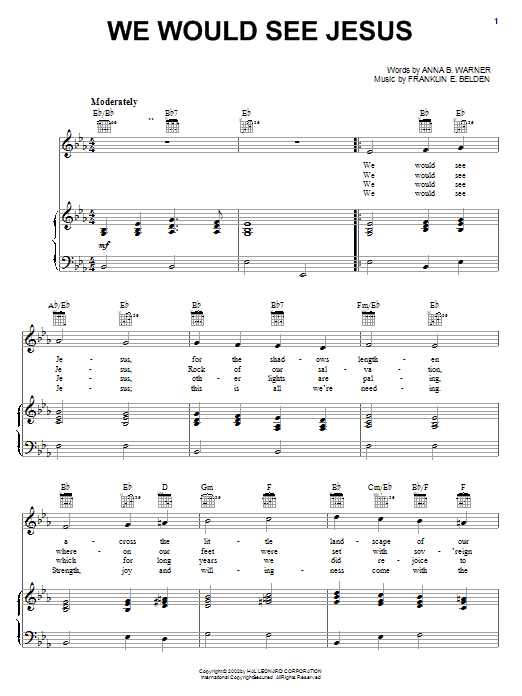 Learn to play Anna B. Warner We Would See Jesus sheet music for Piano, Vocal & Guitar (Right-Hand Melody) in minutes. Anna B. Warner We Would See Jesus sheet music notes and chords
