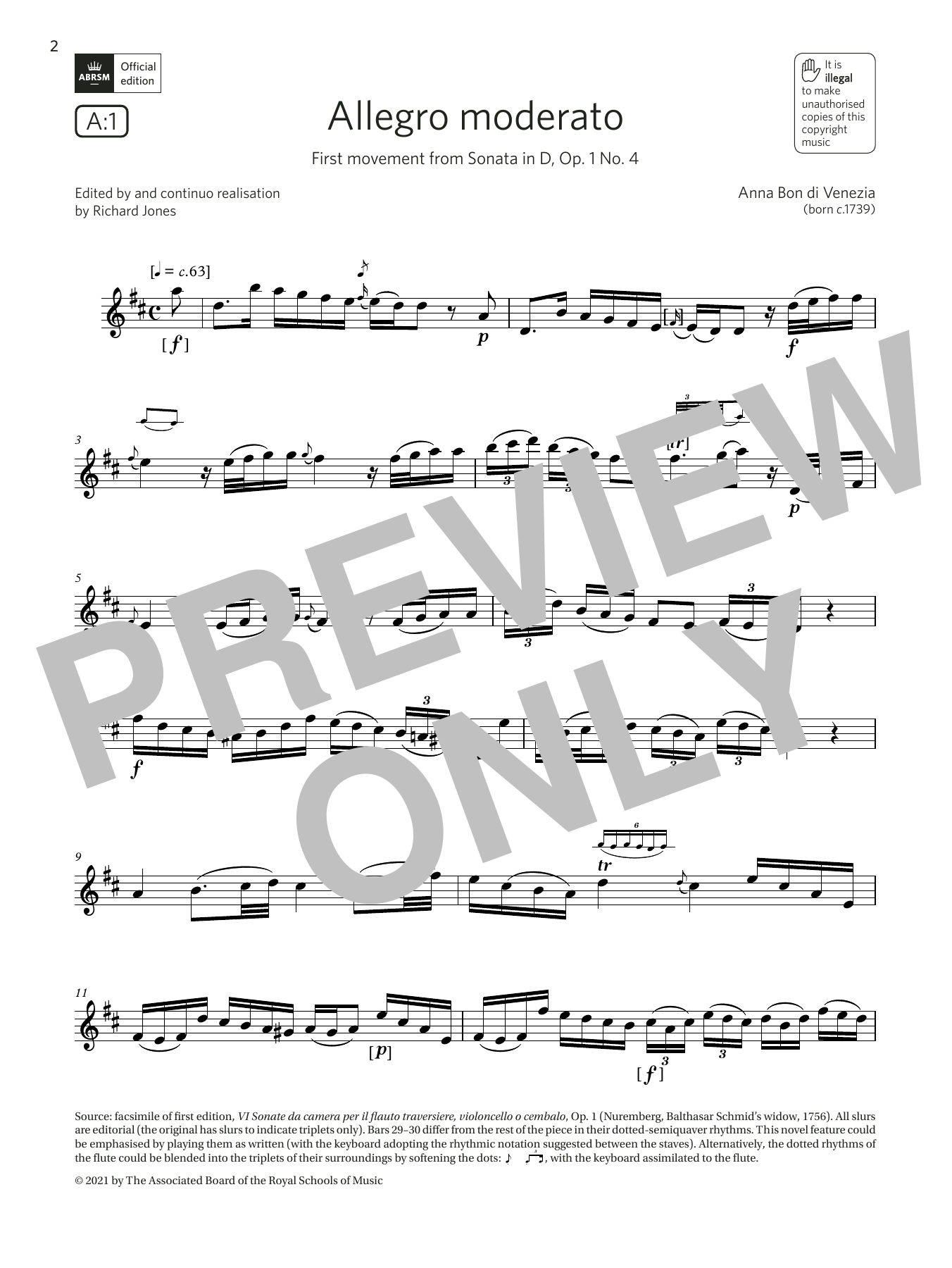 Learn to play Anna Bon di Venezia Allegro moderato (from Sonata in D) (Grade 7 List A1 from the ABRSM Flute syllabus from 2022) sheet music for Flute Solo in minutes. Price: 6.9900$ Anna Bon di Venezia Allegro moderato (from Sonata in D) (Grade 7 List A1 from the ABRSM Flute syllabus from 2022) sheet music notes and chords arranged for Flute Solo