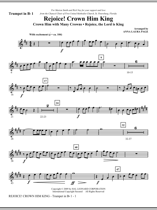 Learn to play Anna Laura Page Rejoice! Crown Him King - Bb Trumpet 1 sheet music for Choir Instrumental Pak in minutes. Anna Laura Page Rejoice! Crown Him King - Bb Trumpet 1 sheet music notes and chords. Download Printable PDF.