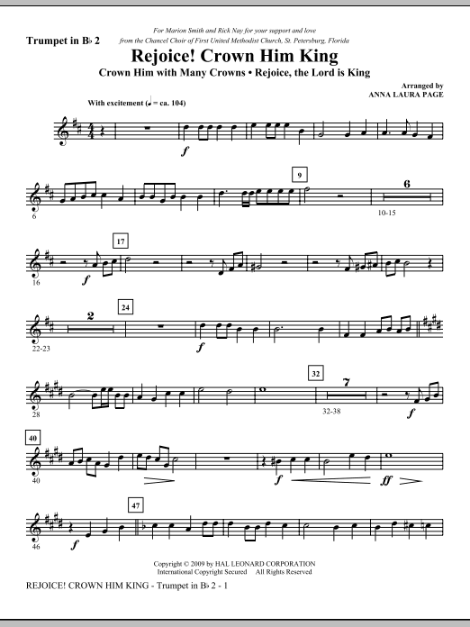 Learn to play Anna Laura Page Rejoice! Crown Him King - Bb Trumpet 2 sheet music for Choir Instrumental Pak in minutes. Anna Laura Page Rejoice! Crown Him King - Bb Trumpet 2 sheet music notes and chords. Download Printable PDF.