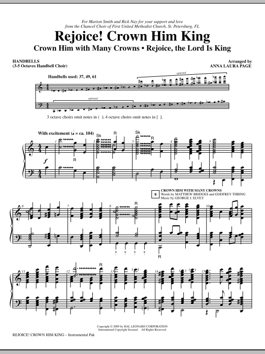 Learn to play Anna Laura Page Rejoice! Crown Him King - Handbells sheet music for Choir Instrumental Pak in minutes. Anna Laura Page Rejoice! Crown Him King - Handbells sheet music notes and chords. Download Printable PDF.