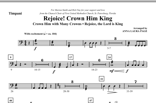 Learn to play Anna Laura Page Rejoice! Crown Him King - Timpani sheet music for Choir Instrumental Pak in minutes. Anna Laura Page Rejoice! Crown Him King - Timpani sheet music notes and chords. Download Printable PDF.