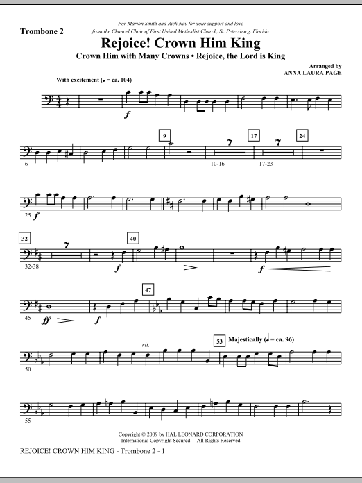Learn to play Anna Laura Page Rejoice! Crown Him King - Trombone 2 sheet music for Choir Instrumental Pak in minutes. Anna Laura Page Rejoice! Crown Him King - Trombone 2 sheet music notes and chords. Download Printable PDF.