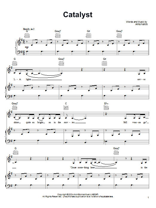 Anna Nalick Catalyst sheet music notes and chords. Download Printable PDF.
