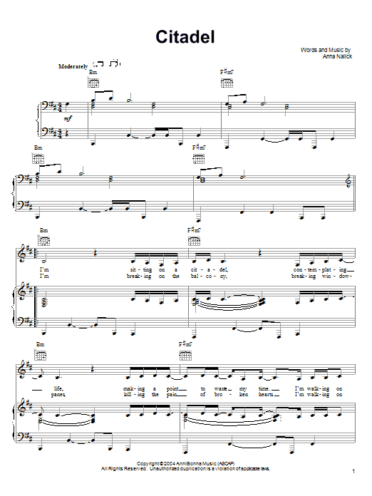 Anna Nalick Citadel sheet music notes and chords. Download Printable PDF.