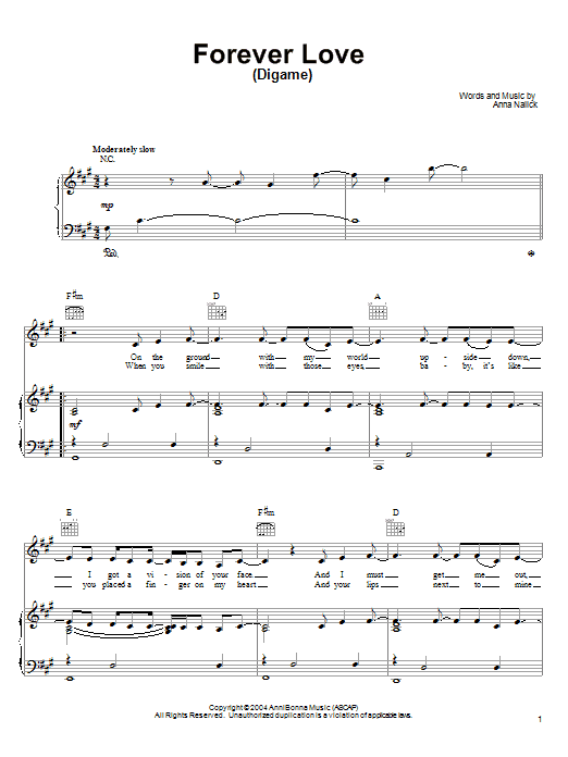 Learn to play Anna Nalick Forever Love (Digame) sheet music for Piano, Vocal & Guitar (Right-Hand Melody) in minutes. Price: 6.9900$ Anna Nalick Forever Love (Digame) sheet music notes and chords. Download Printable PDF.