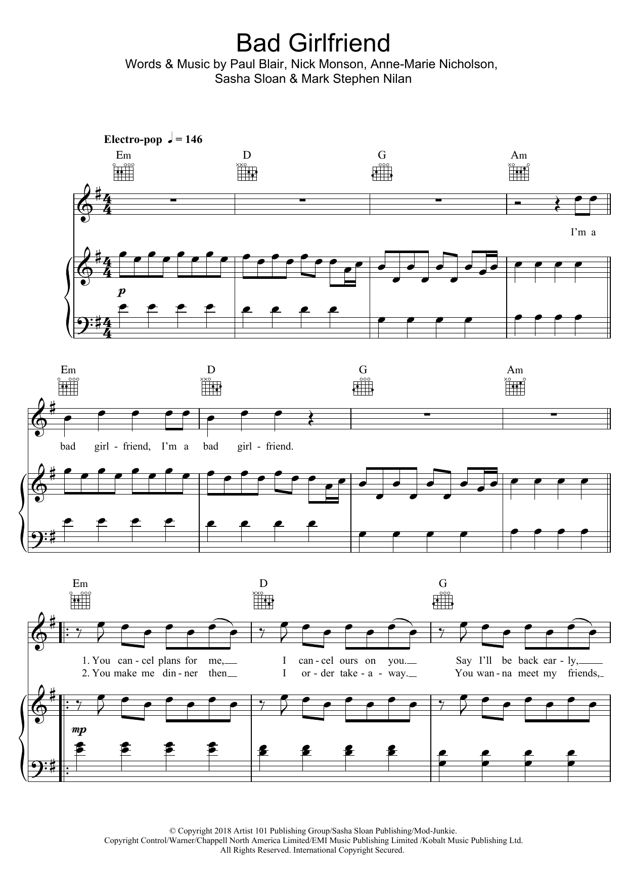 Anne-Marie Bad Girlfriend sheet music notes and chords. Download Printable PDF.