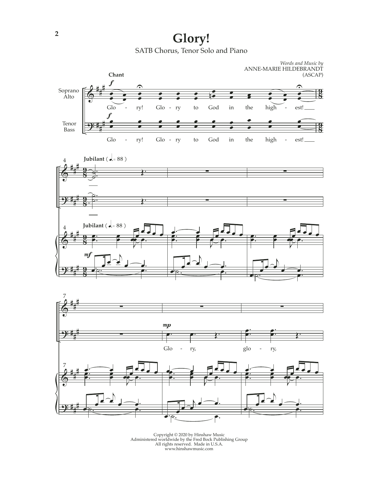 Learn to play Anne-Marie Hildebrandt Glory! sheet music for SATB Choir in minutes. Price: 3.9900$ Anne-Marie Hildebrandt Glory! sheet music notes and chords arranged for SATB Choir