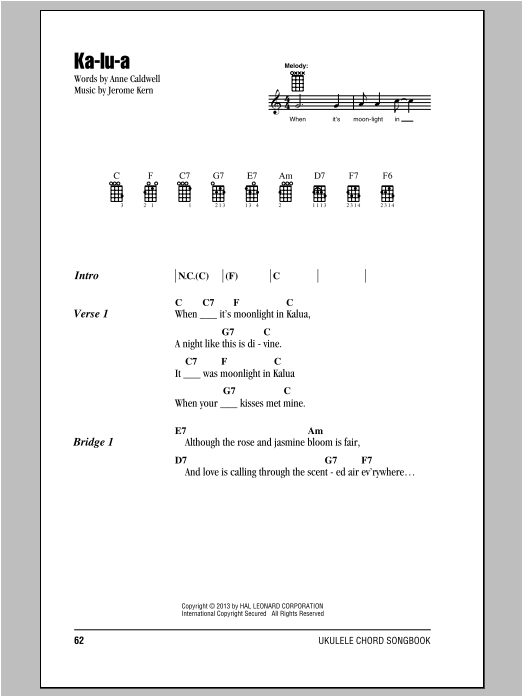 Jerome Kern Ka-lu-a sheet music notes and chords. Download Printable PDF.