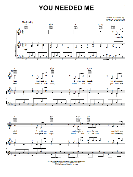 Anne Murray You Needed Me sheet music notes and chords. Download Printable PDF.
