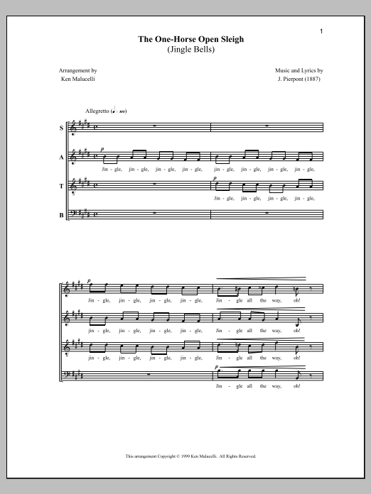 Learn to play Anne Raugh The One-Horse Open Sleigh (Jingle Bells) sheet music for SATB Choir in minutes. Price: 3.9900$ Anne Raugh The One-Horse Open Sleigh (Jingle Bells) sheet music notes and chords arranged for SATB Choir