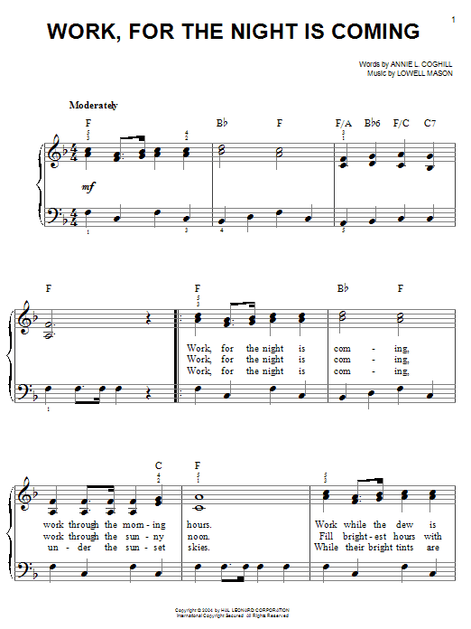 Annie L. Coghill Work, For The Night Is Coming sheet music notes and chords. Download Printable PDF.