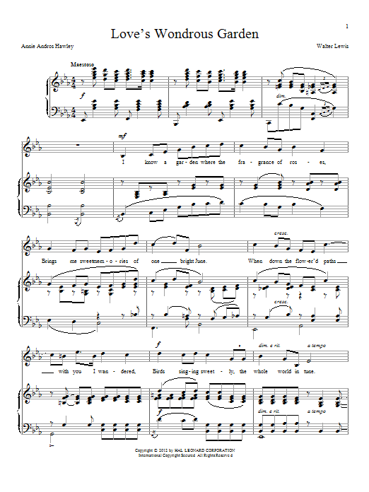 Learn to play Annie Andros Hawley Love's Wondrous Garden sheet music for Piano & Vocal in minutes. Annie Andros Hawley Love's Wondrous Garden sheet music notes and chords. Download Printable PDF.