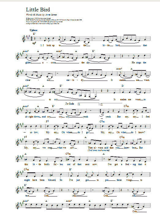 Learn to play Annie Lennox Little Bird sheet music for Lead Sheet / Fake Book in minutes. Annie Lennox Little Bird sheet music notes and chords. Download Printable PDF.