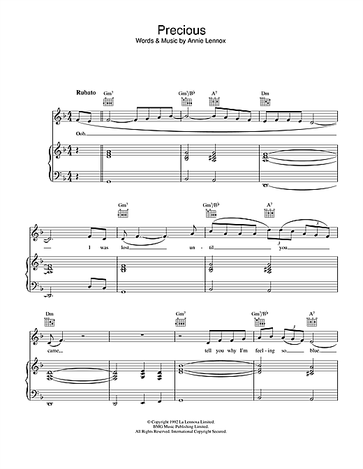 Annie Lennox Precious sheet music notes and chords. Download Printable PDF.