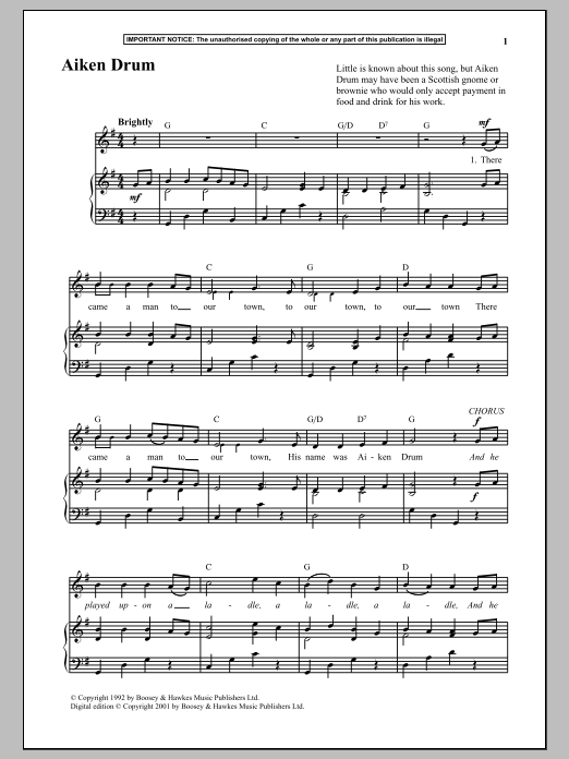 Anonymous Aiken Drum sheet music notes and chords. Download Printable PDF.