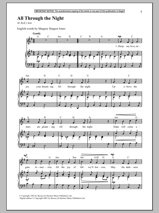 Anonymous All Through The Night sheet music notes and chords. Download Printable PDF.