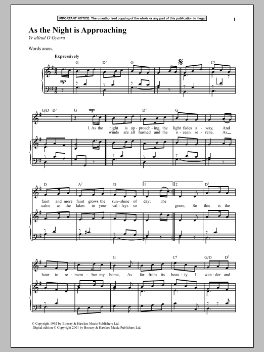 Learn to play Anonymous As The Night Is Approaching sheet music for Piano & Vocal in minutes. Price: 6.9900$ Anonymous As The Night Is Approaching sheet music notes and chords arranged for Piano & Vocal
