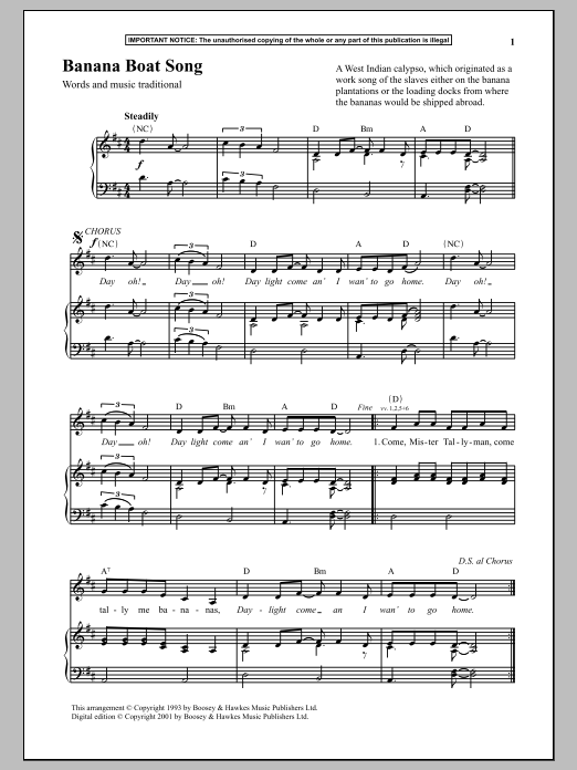 Anonymous Banana Boat Song sheet music notes and chords. Download Printable PDF.