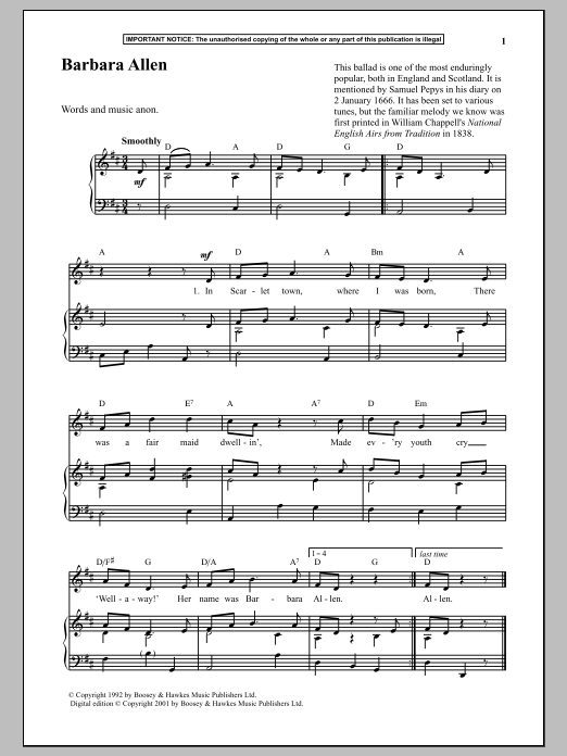 Anonymous Barbara Allen sheet music notes and chords. Download Printable PDF.