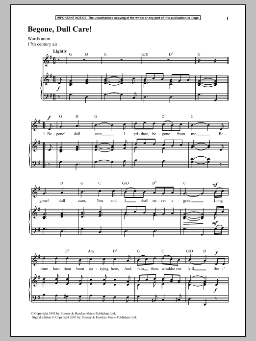 Anonymous Begone, Dull Care! sheet music notes and chords. Download Printable PDF.